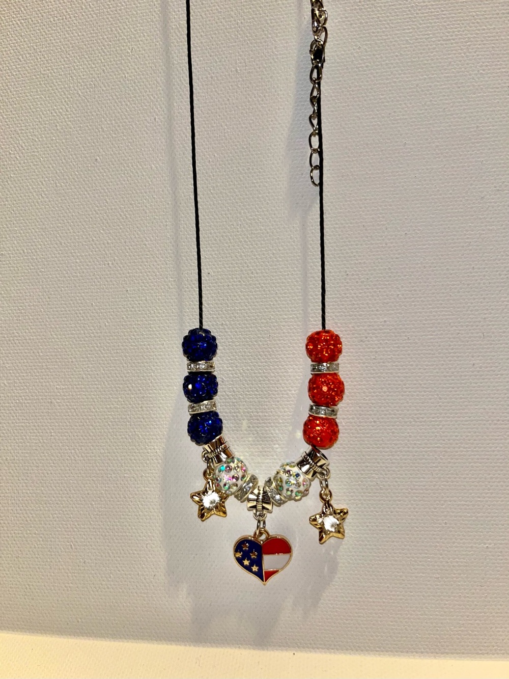 Patriotic Red, White & Blue Heart Pendant Necklace w/Star Charms & Rhin